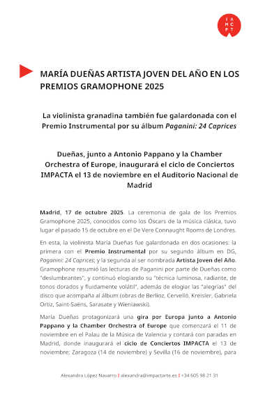 María Dueñas artista joven del año en los Premios Gramophone 2025