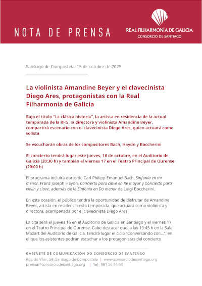 La violinista Amandine Beyer y el clavecinista Diego Ares, protagonistas con la Real Filharmonía de Galicia