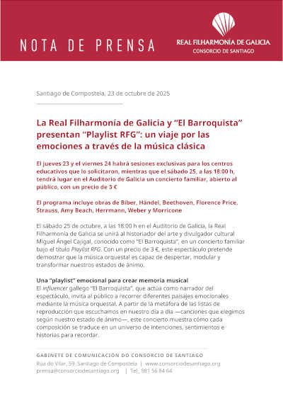 La Real Filharmonía de Galicia y “El Barroquista” presentan “Playlist RFG”: un viaje por las emociones a través de la música clásica