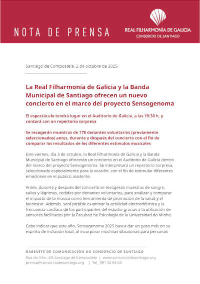 La Real Filharmonía de Galicia y la Banda Municipal de Santiago ofrecen un nuevo concierto en el marco del proyecto Sensogenoma