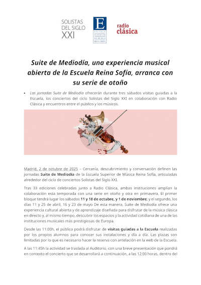 Suite de Mediodía, una experiencia musical abierta de la Escuela Reina Sofía, arranca con su serie de otoño