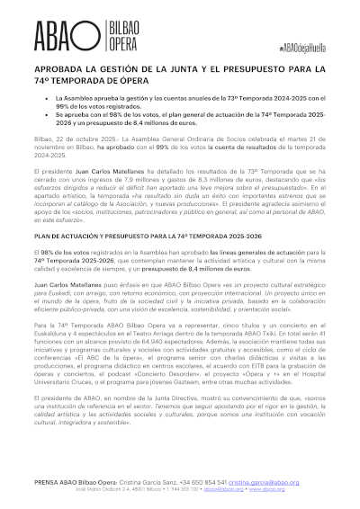 Aprobada la gestión de la junta y el presupuesto para al 74º temporada de Ópera de ABAO Bilbao Opera
