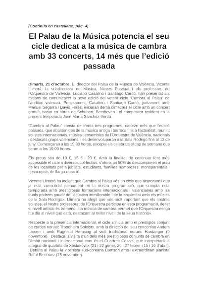 El Palau de la Música potencia “Cambra al Palau”, dedicado a la música de cámara con 33 conciertos, 14 más que la edición pasada