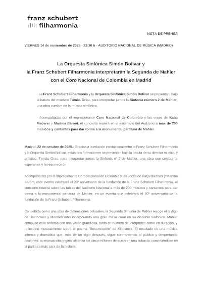 Más de 200 músicos en escena para la monumental «Segunda de Mahler» en el 20º aniversario de la Franz Schubert Filharmonia
