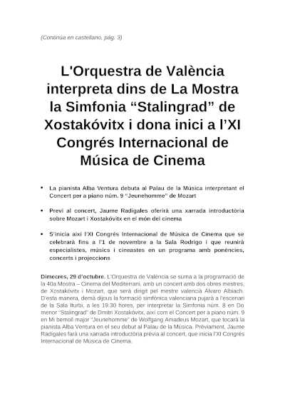 La Orquesta de València inicia el XI Congreso Internacional de Música de Cine con Sinfonía «Stalingrado» de Shostakóvich