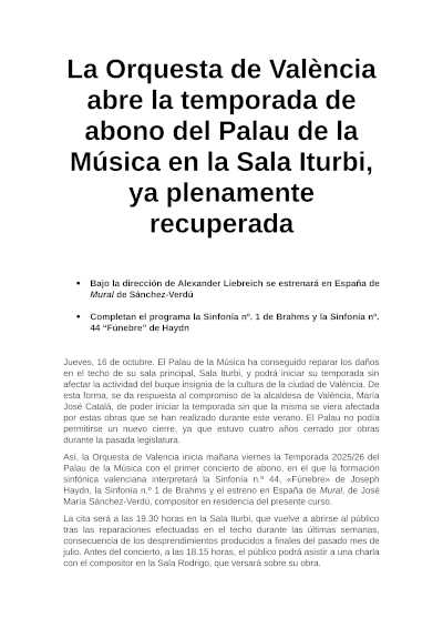 La Orquesta de València abre la temporada de abono del Palau de la Música en la Sala Iturbi, ya plenamente recuperada
