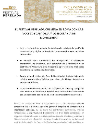El Festival Peralada en Roma culmina en Roma con las voces de Cantoria y la Escolania de Montserrat