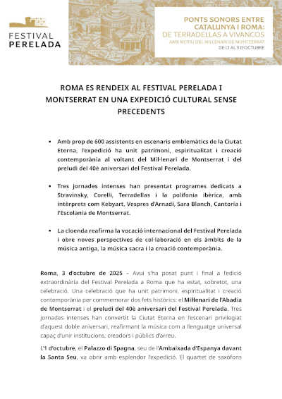 El Festival Peralada en Roma culmina en Roma con las voces de Cantoria y la Escolania de Montserrat
