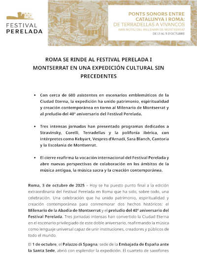 El Festival Peralada en Roma culmina en Roma con las voces de Cantoria y la Escolania de Montserrat