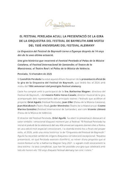 El Festival Peralada acoge la presentación de la gira de la Orquesta del Festival de Bayreuth por el 150º aniversario del festival
