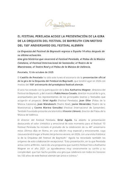 El Festival Peralada acoge la presentación de la gira de la Orquesta del Festival de Bayreuth por el 150º aniversario del festival