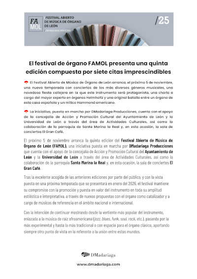 El festival de órgano FAMOL presenta una quinta edición compuesta por siete citas imprescindibles