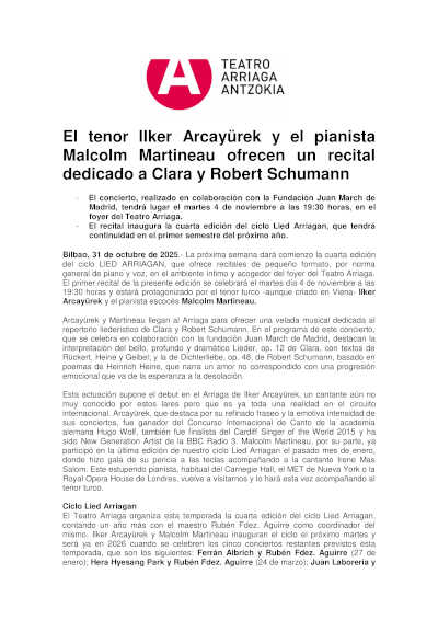 El tenor Ilker Arcayürek y el pianista Malcolm Martineau ofrecen un recital dedicado a Clara y Robert Schumann en Lied Arriagan