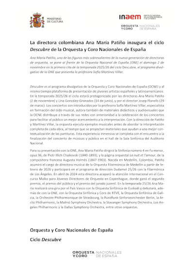 La directora colombiana Ana María Patiño inaugura el ciclo Descubre de la Orquesta y Coro Nacionales de España