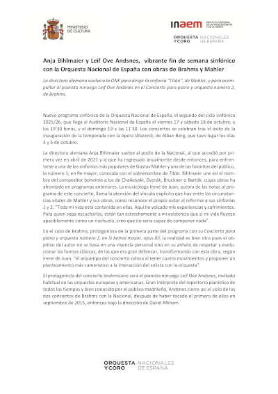 Anja Bihlmaier y Leif Ove Andsnes, vibrante fin de semana sinfónico con la Orquesta Nacional de España