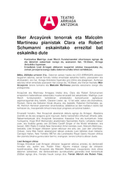 El tenor Ilker Arcayürek y el pianista Malcolm Martineau ofrecen un recital dedicado a Clara y Robert Schumann en Lied Arriagan