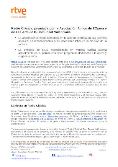 Radio Clásica, premiada por la Asociación Amics de l’Òpera y de Les Arts de la Comunitat Valenciana