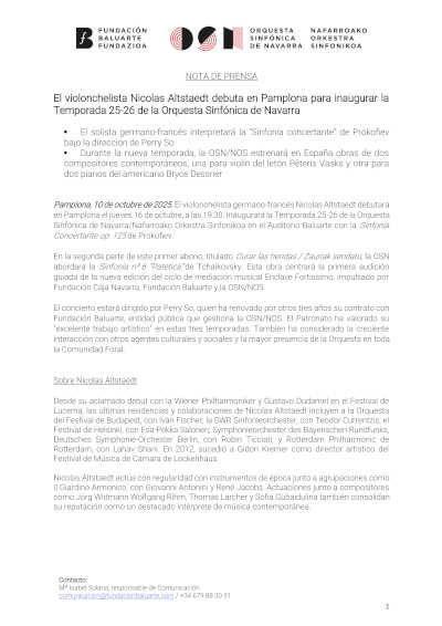 El violonchelista Nicolas Altstaedt debuta en Pamplona para inaugurar la Temporada 25-26 de la Orquesta Sinfónica de Navarra