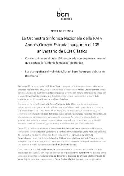 La Orchestra Sinfonica Nazionale della RAI y Andrés Orozco-Estrada inauguran el 10º aniversario de BCN Clàssics