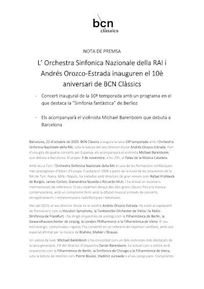 La Orchestra Sinfonica Nazionale della RAI y Andrés Orozco-Estrada inauguran el 10º aniversario de BCN Clàssics