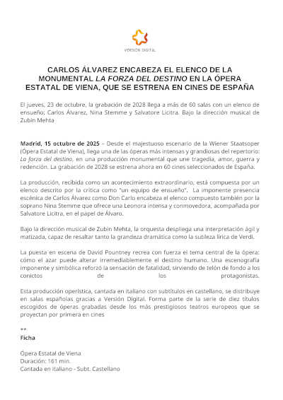 Carlos Álvarez encabeza el elenco de «La forza del destino» desde la Ópera Viena, estreno en cines de España