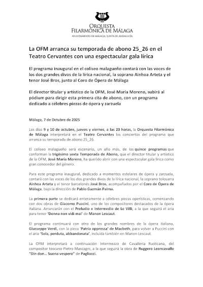La OFM arranca su temporada de abono 25-26 en el Teatro Cervantes con una espectacular gala lírica