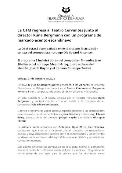 La OFM regresa al Teatro Cervantes junto al director Rune Bergmann con un programa de marcado acento escandinavo