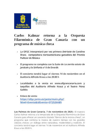 Carlos Kalmar retorna a la Orquesta Filarmónica de Gran Canaria con un programa de música checa