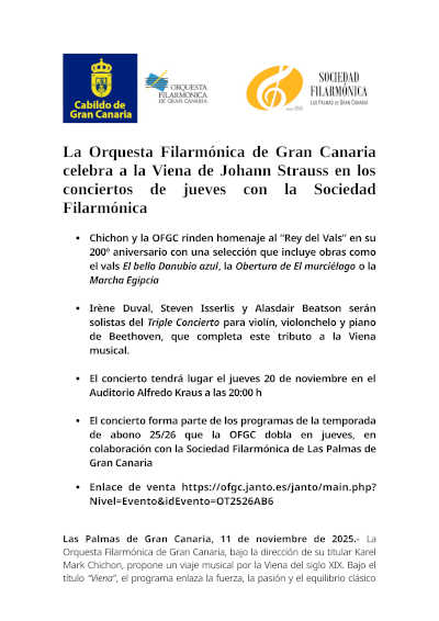 La Orquesta Filarmónica de Gran Canaria celebra la Viena de Johann Strauss en «conciertos de jueves» con Sociedad Filarmónica