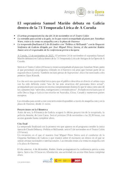 El sopranista Samuel Mariño debuta en Galicia dentro de la 73 Temporada Lírica de A Coruña