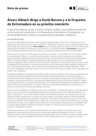 Álvaro Albiach dirige a David Barona y a la Orquesta de Extremadura en su próximo concierto