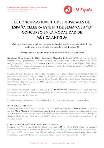 El Concurso Juventudes Musicales de España celebrar su 113º Concurso en modalidad Música Antigua
