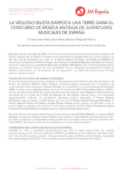 La violonchelista barroca Laia Terré gana el Concurso de Música Antigua de Juventudes Musicales de España