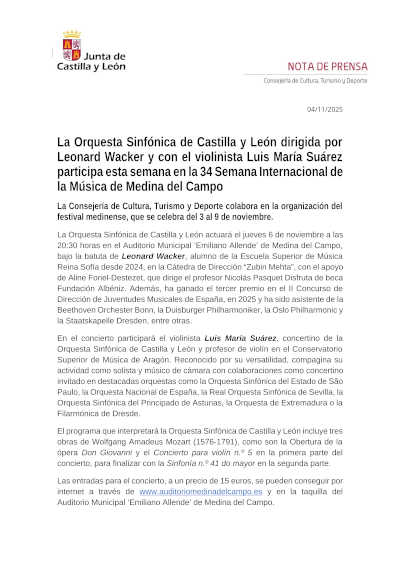 La OSCyL, con Leonard Wacker y Luis María Suárez, en la Semana Internacional de la Música de Medina del Campo