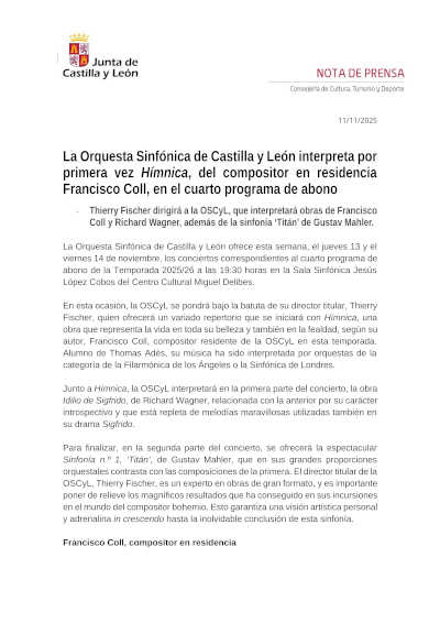 La Orquesta Sinfónica de Castilla y León interpreta por primera vez Hímnica, del compositor en residencia Francisco Coll