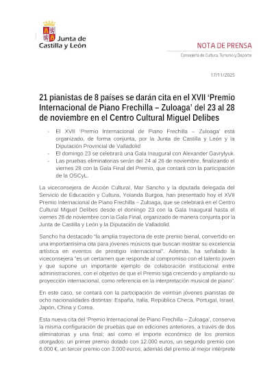 21 pianistas de 8 países en el XVII «Premio Internacional de Piano Frechilla – Zuloaga» en el Centro Cultural Miguel Delibes