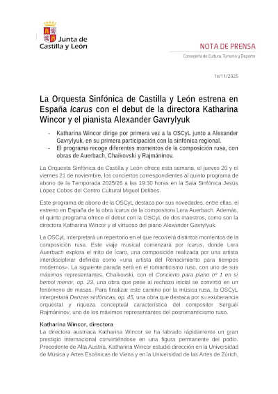 La Orquesta Sinfónica de Castilla y León estrena en España Icarus con Katharina Wincor y Alexander Gavrylyuk