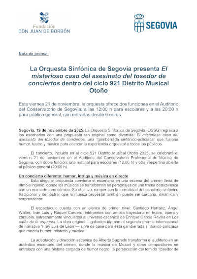 La Sinfónica de Segovia presenta El misterioso caso del asesinato del tosedor de conciertos