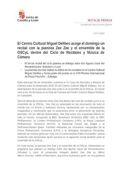 El Centro Cultural Miguel Delibes acoge un recital con la pianista Zee Zee y el ensemble de la OSCyL