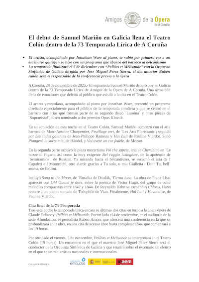 El debut de Samuel Mariño en Galicia llena el Teatro Colón dentro de la 73 Temporada Lírica de A Coruña