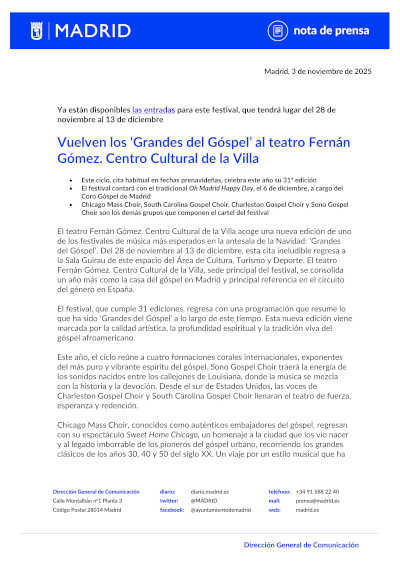 Vuelven los Grandes del Góspel al teatro Fernán Gómez. Centro Cultural de la Villa en su XXXI edición