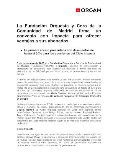 La Fundación Orquesta y Coro de la Comunidad de Madrid firma un convenio con Impacta para ofrecer ventajas a sus abonados