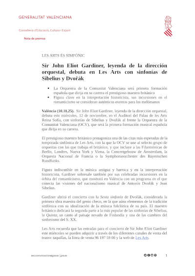 Sir John Eliot Gardiner, leyenda de la dirección orquestal, debuta en Les Arts con sinfonías de Sibelius y Dvořák