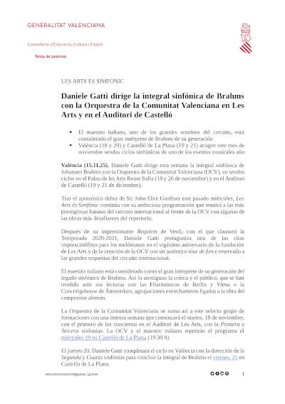 El maestro Daniele Gatti y la Orquestra de la Comunitat Valenciana abordan la integral de Brahms en Les Arts y Castelló