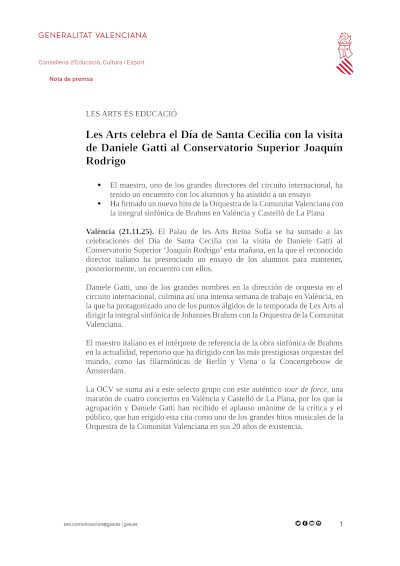 Les Arts celebra el Día de Santa Cecilia con la visita de Daniele Gatti al Conservatorio Superior Joaquín Rodrigo