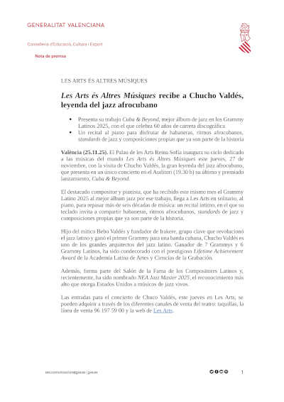 Les Arts és Altres Músiques recibe a Chucho Valdés, leyenda del jazz afrocubano
