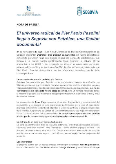 Pier Paolo Pasolini: Petróleo, una ficción documental – XXXIII Jornadas de Música Contemporánea de Segovia