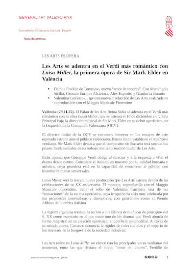 Les Arts se adentra en el Verdi más romántico con Luisa Miller, la primera ópera de Sir Mark Elder en València
