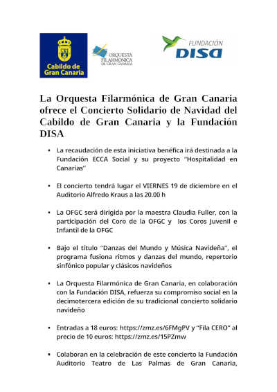 La OFGC ofrece el Concierto Solidario de Navidad del Cabildo de Gran Canaria y la Fundación DISA