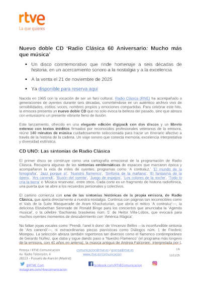 Nuevo doble CD «Radio Clásica 60 Aniversario: Mucho más que música»